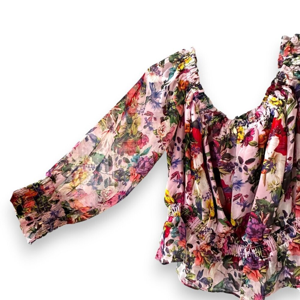 AQUA Mary Katrantzou Floral Off The Shoulder Smocked Top 1X NWT - Picture 2 of 10
